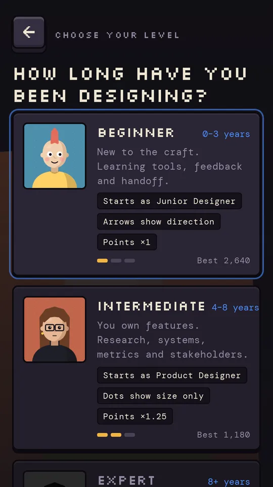 Level select showing Beginner, Intermediate and Expert